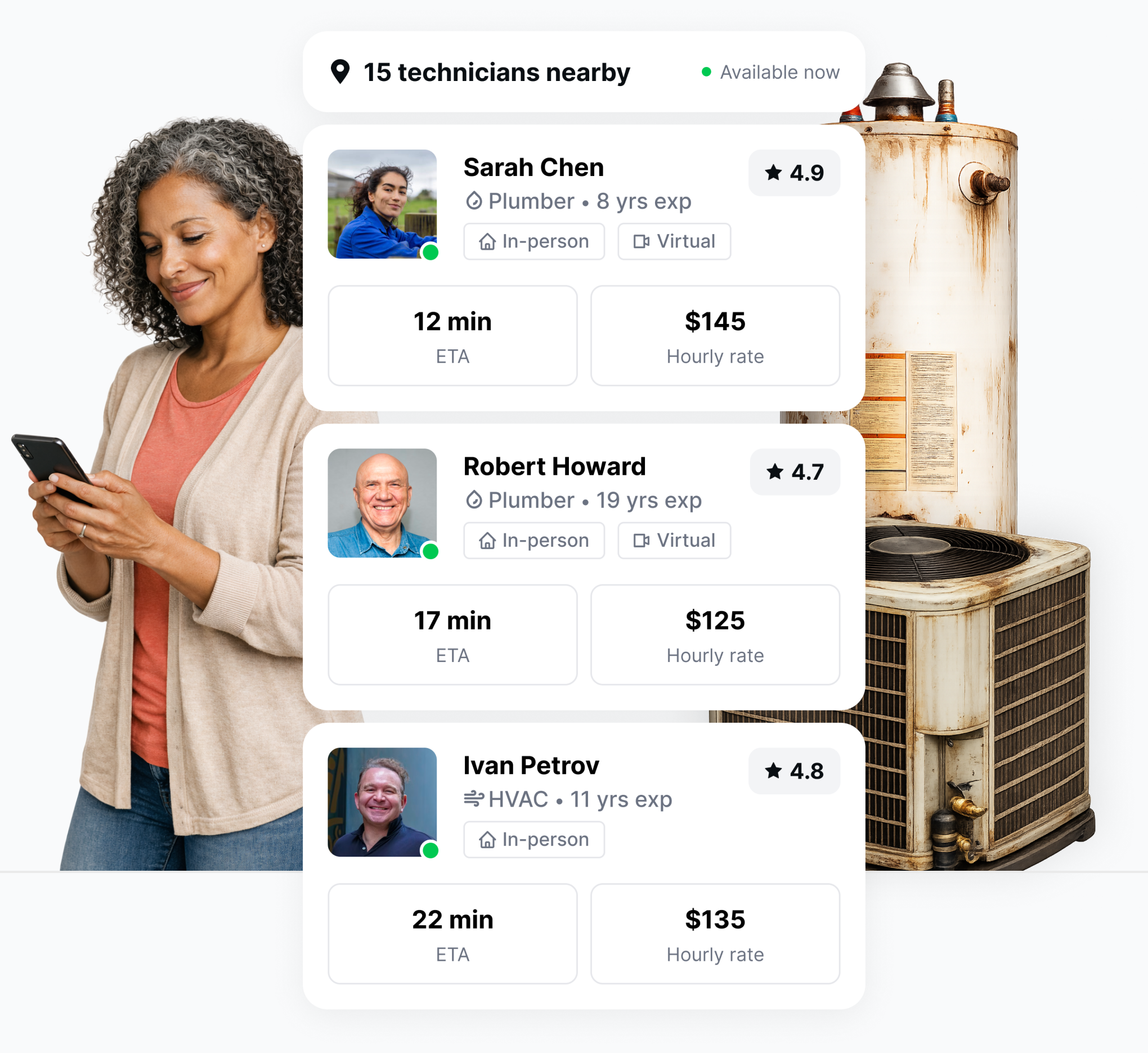 Truva app showing available technicians nearby